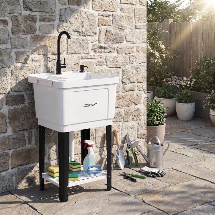 Freestanding 14.5 Gal utility sink with rotating faucet, adjustable legs, and bottom storage rack for outdoor cleanup.