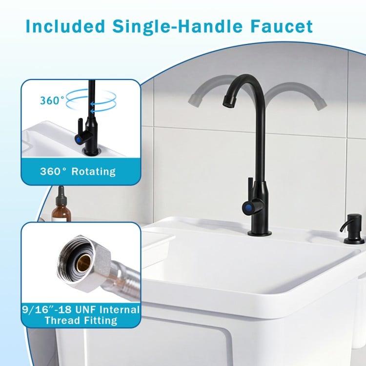 Utility sink with 14.5-gallon basin and 360° rotating faucet, ideal for laundry and gardening tasks.