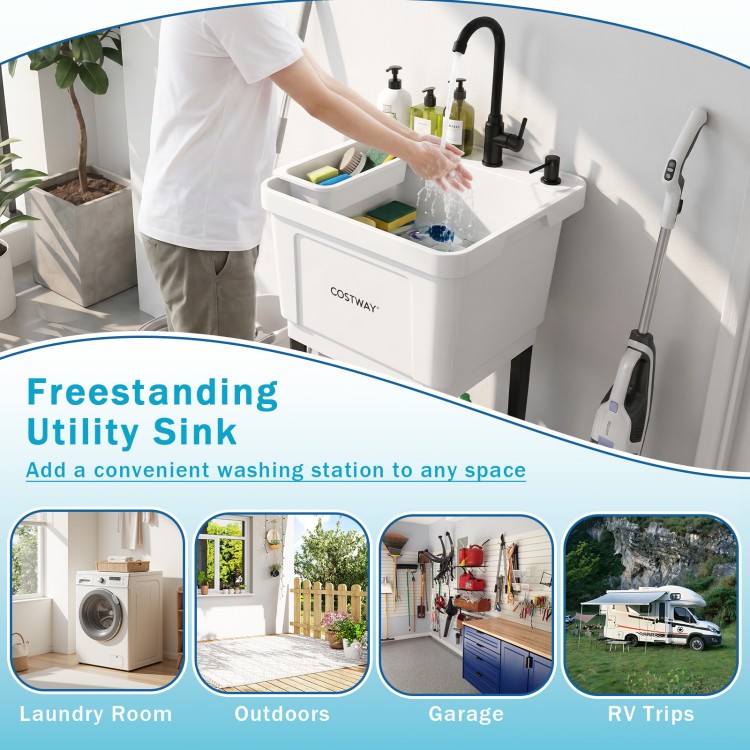 Freestanding utility sink with 14.5 Gal basin, rotating faucet, and adjustable legs for laundry and gardening tasks.