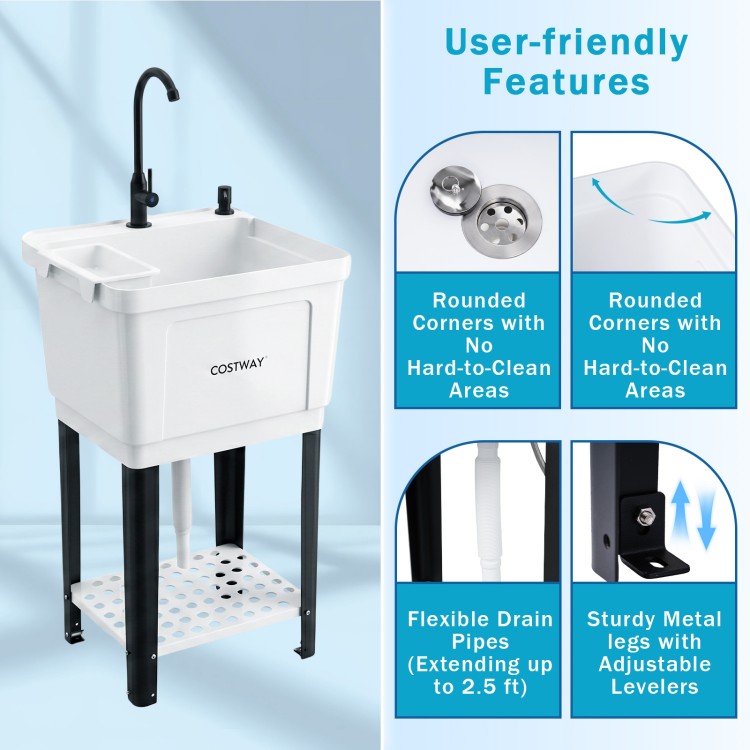 Close-up of the 14.5 Gal utility sink's rounded corners and removable drying rack, designed for easy cleaning and.