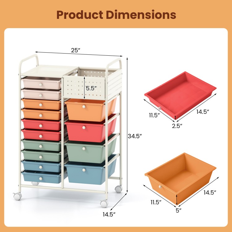 14-drawer rolling storage cart in macaron colors with metal tabletop and pegboard, ideal for versatile organization.