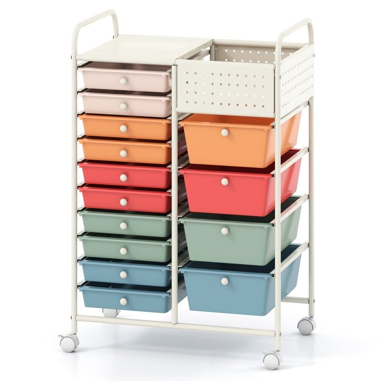 14-drawer rolling storage cart in macaron colors with metal tabletop and pegboard, ideal for organizing kitchens and.