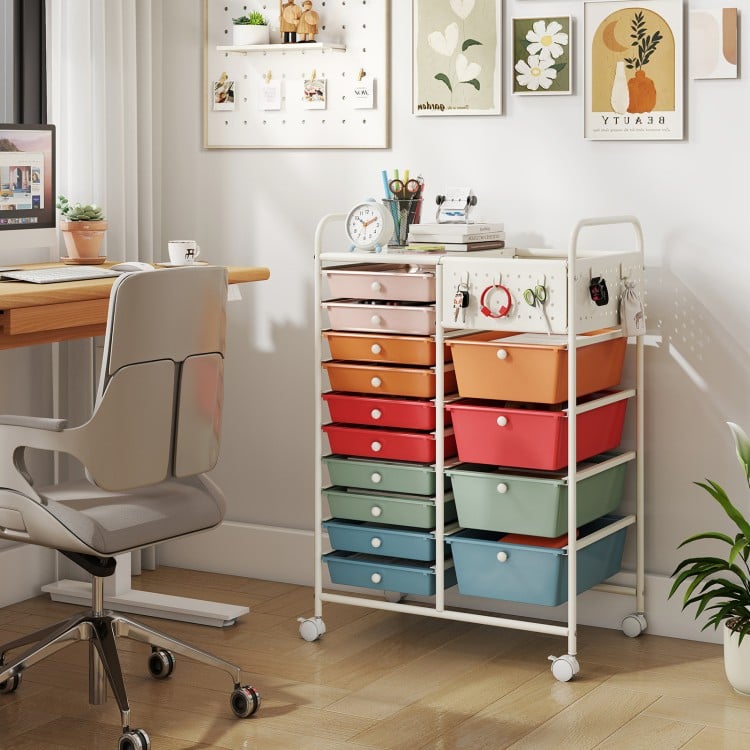 14-drawer rolling storage cart in macaron colors with metal tabletop and pegboard, ideal for organizing in various.