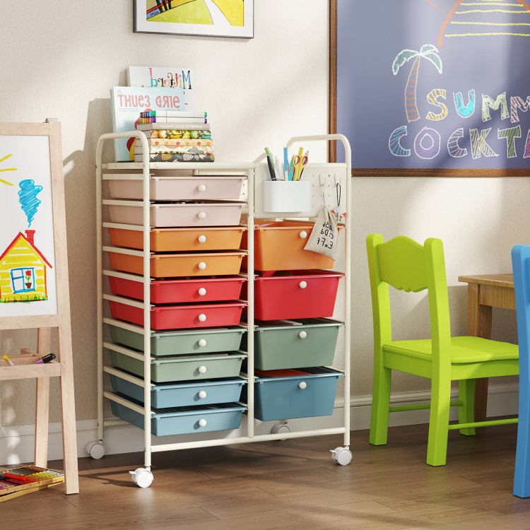14-drawer rolling storage cart in macaron colors with metal tabletop and pegboard, ideal for organizing various spaces.