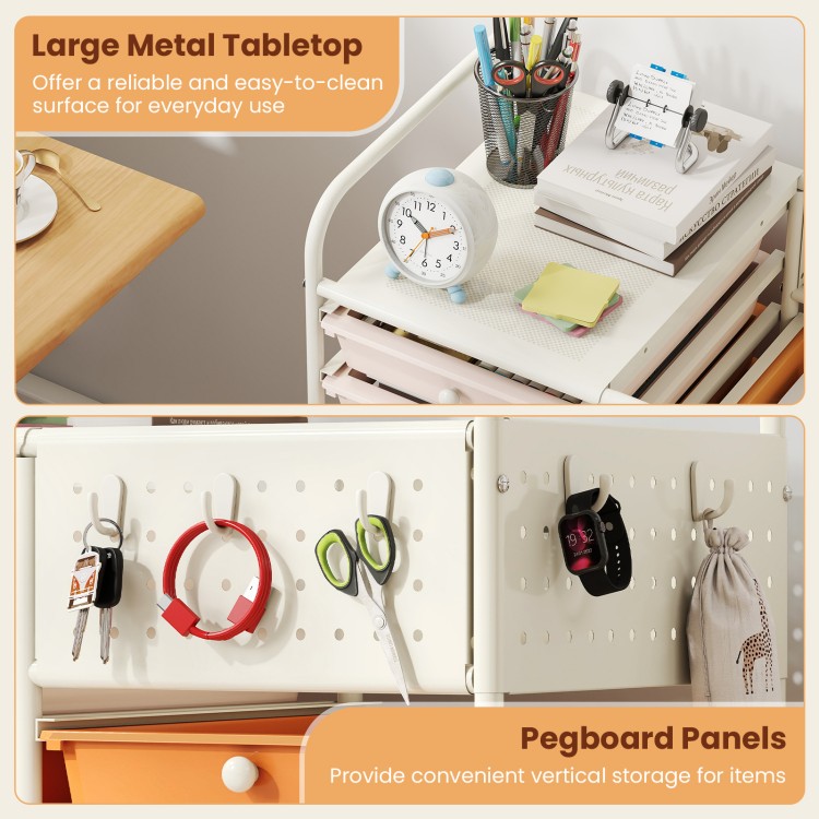 14-drawer rolling storage cart featuring a large metal tabletop and pegboard panels for versatile organization and.