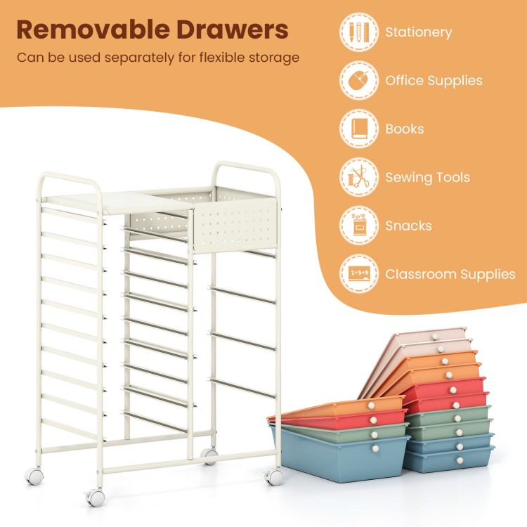 14-drawer rolling storage cart with metal tabletop and pegboard, featuring removable drawers for flexible organization.