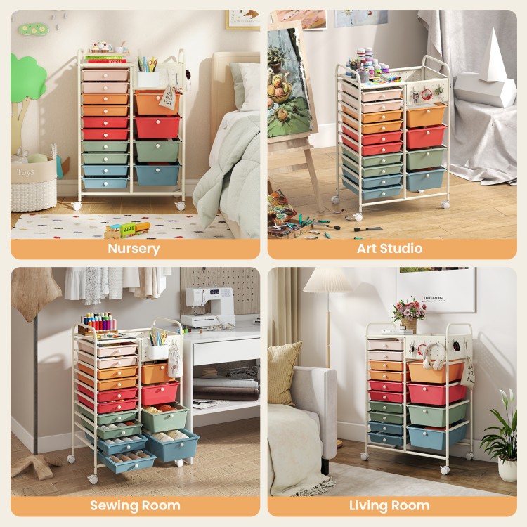 14-drawer rolling storage cart with metal tabletop and pegboard, ideal for organizing in nurseries, studios, or living.