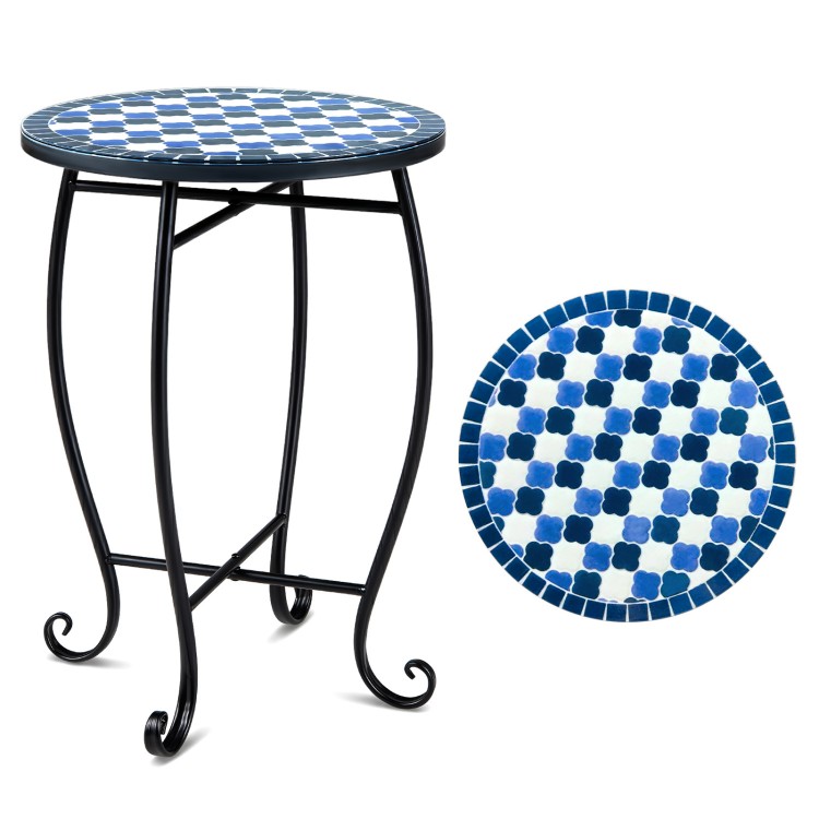 Blue floral clover mosaic accent coffee table with a robust metal frame, ideal for outdoor or indoor use.
