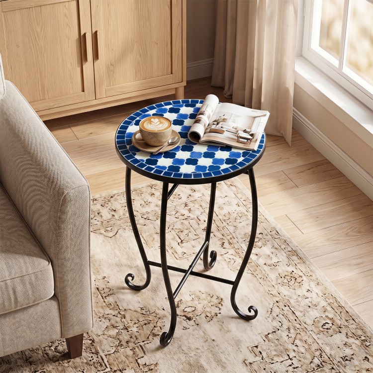 Blue mosaic accent coffee end table with floral clover design, featuring a robust metal frame for indoor or outdoor use.