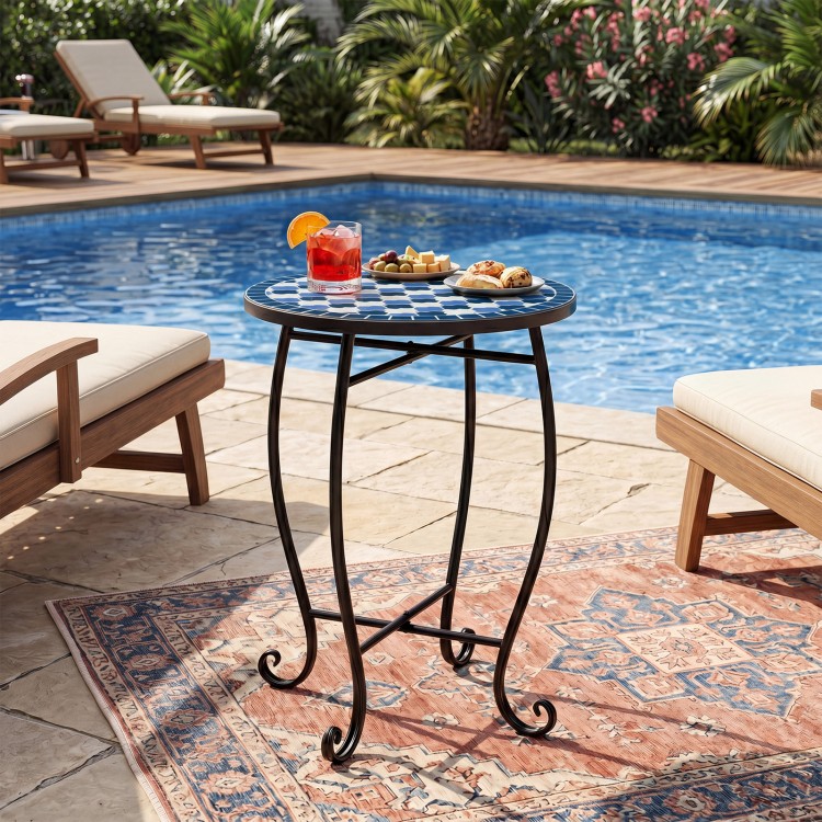 Blue mosaic patio accent coffee end table with floral clover design, ideal for poolside or backyard use.