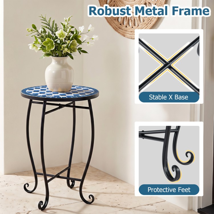 14" blue floral mosaic patio accent coffee end table with a robust metal frame and stable X base for outdoor use.