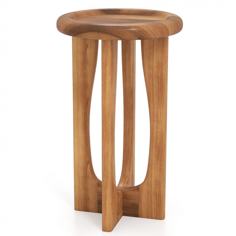 14-inch round farmhouse end table in solid mahogany with cross legs, ideal for living room or patio use.