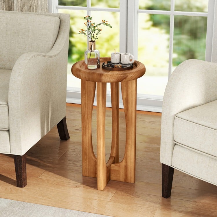 14-inch farmhouse end table with round tray top, solid mahogany wood, and cross legs, perfect for living room use.