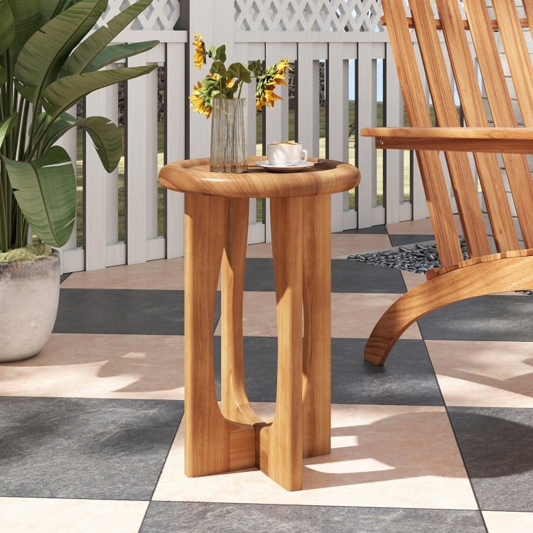 Round 14-inch farmhouse end table in solid mahogany with cross legs, perfect for snacks and drinks on the patio.