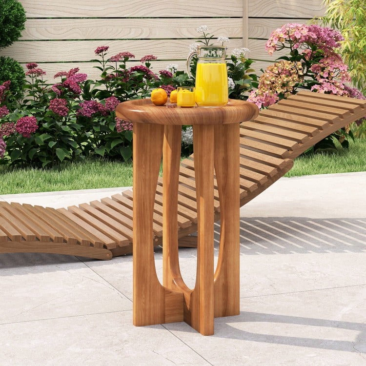 14-inch farmhouse end table with round mahogany top and cross legs, perfect for snacks on the patio or porch.