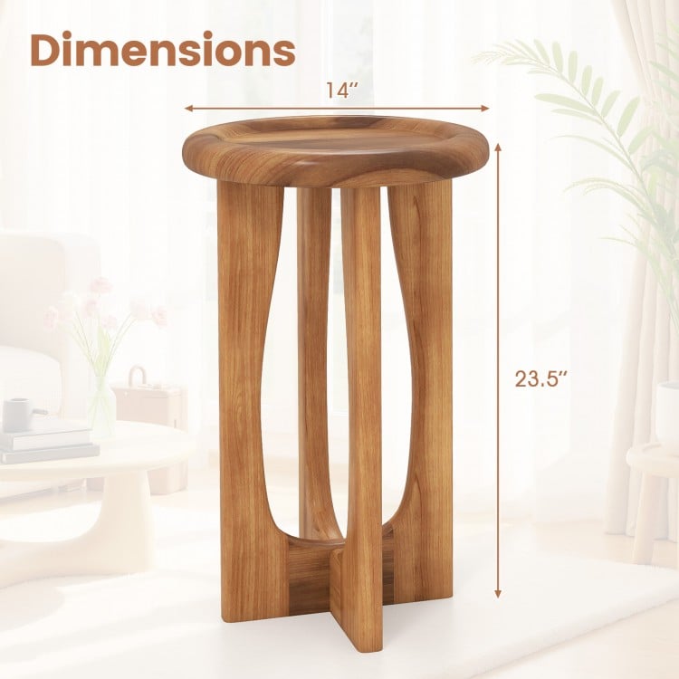 14-inch farmhouse end table with round tray top, solid mahogany wood, and cross legs, perfect for living room or patio.