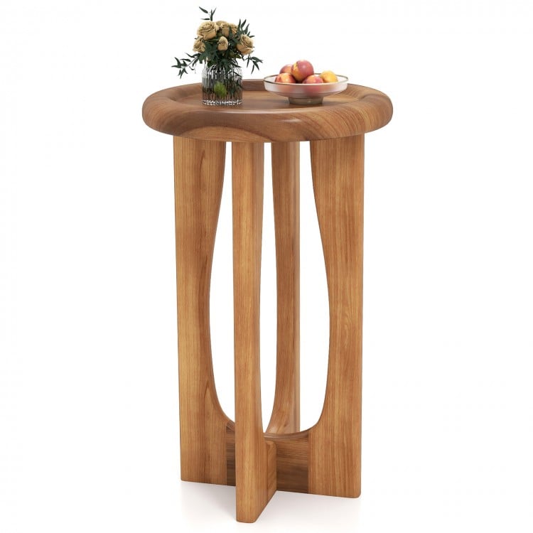 14-inch farmhouse end table with round tray top, solid mahogany wood, and cross legs for versatile indoor and outdoor.