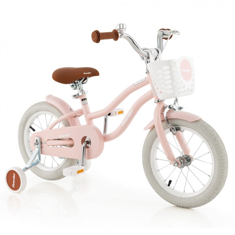 14-inch pink kid's bike with removable training wheels, adjustable seat, and storage basket for safe, comfortable.