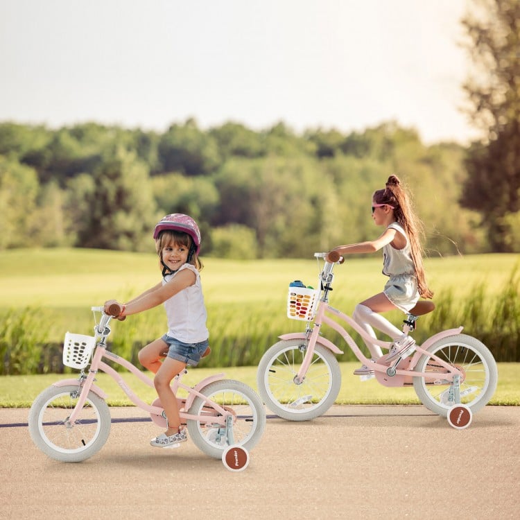 14-inch pink kid's bike shown from the side, featuring removable training wheels and a soft padded seat for comfort.