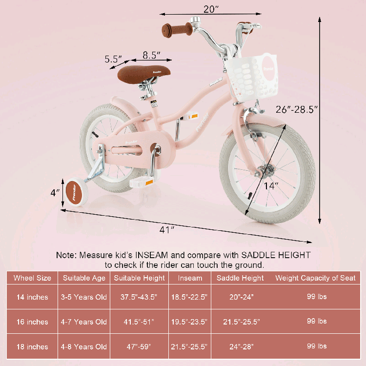 14-inch pink kid's bike with removable training wheels, adjustable seat, and basket for safe, comfortable riding.