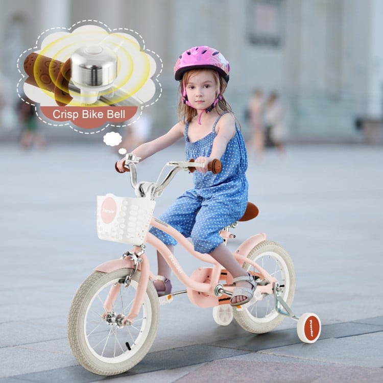 14-inch pink kid's bike with removable training wheels, adjustable seat, and basket for dolls and snacks, perfect for.