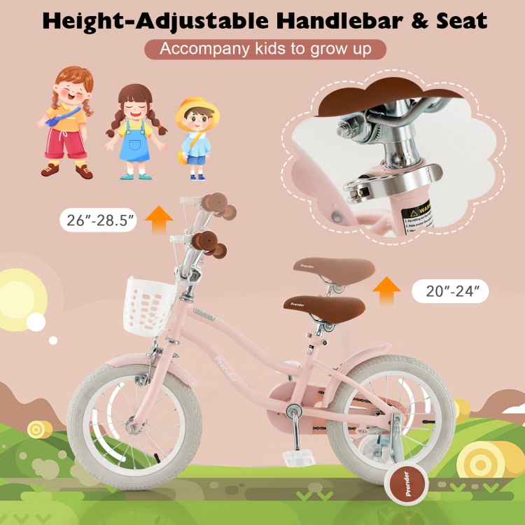 Height-adjustable seat and handlebar on the 14-inch pink kid's bike ensure comfort as kids grow, ideal for learning to.