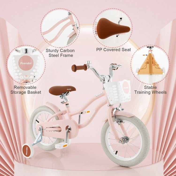 14-inch pink kid's bike with removable training wheels, storage basket, and durable carbon steel frame for safe riding.