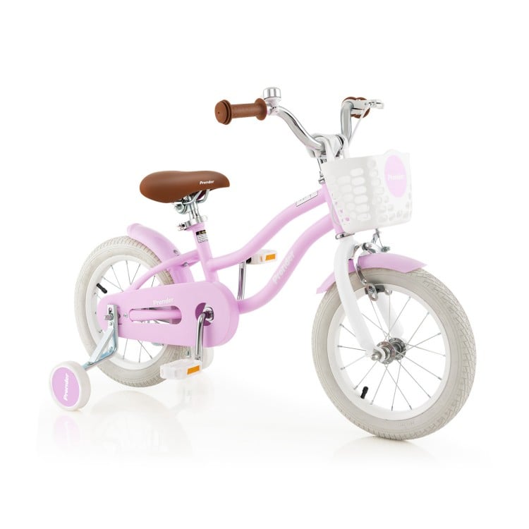 14-inch purple kid's bike with removable training wheels, adjustable seat, and storage basket for safe, comfortable.