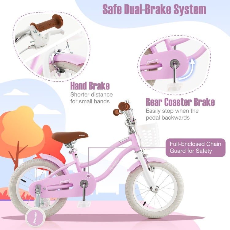 14-inch purple kid's bike with removable training wheels, dual brake system, and storage basket for safe riding.