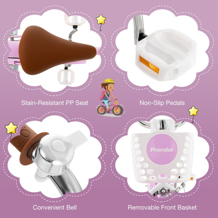 14-inch kid's bike in purple with a removable basket, stain-resistant seat, and non-slip pedals for safe riding.