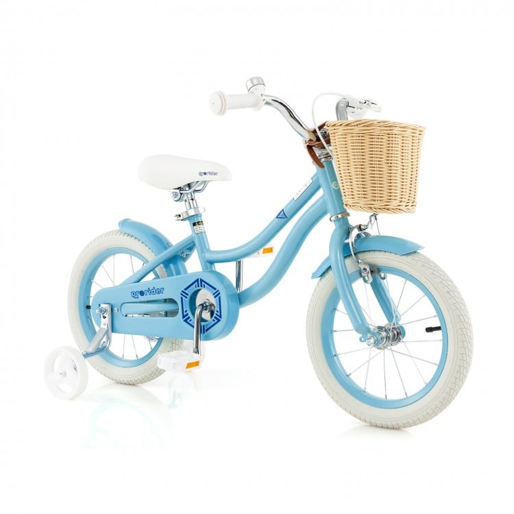 14-inch blue kids bike with training wheels, adjustable seat, and front basket for toys, perfect for outdoor fun.
