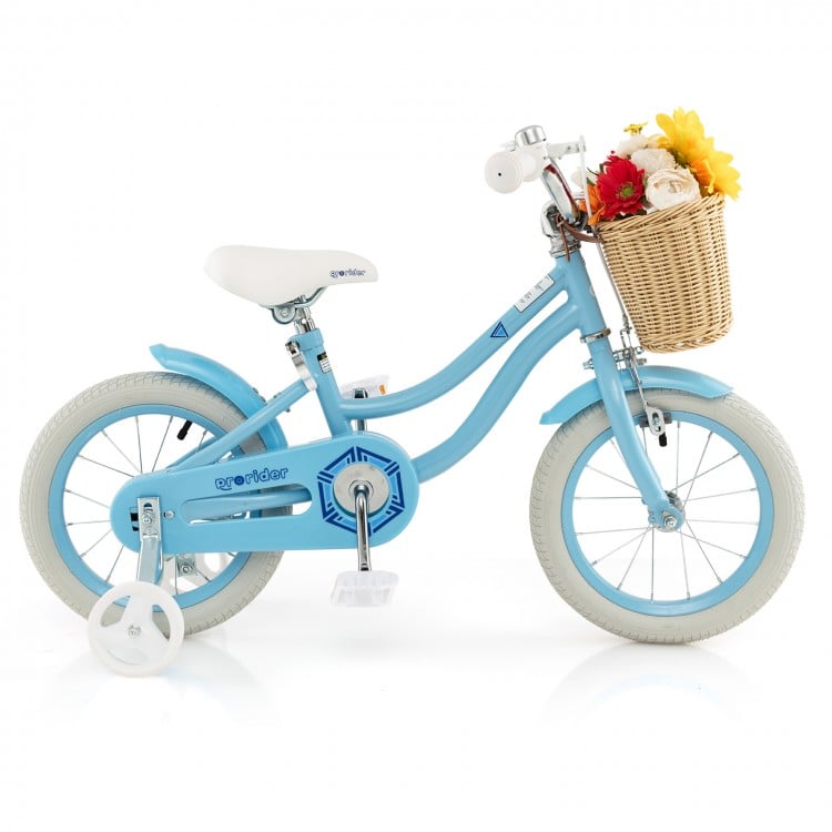 14-inch blue kids bike with training wheels, adjustable seat, and front basket for dolls and snacks, perfect for.