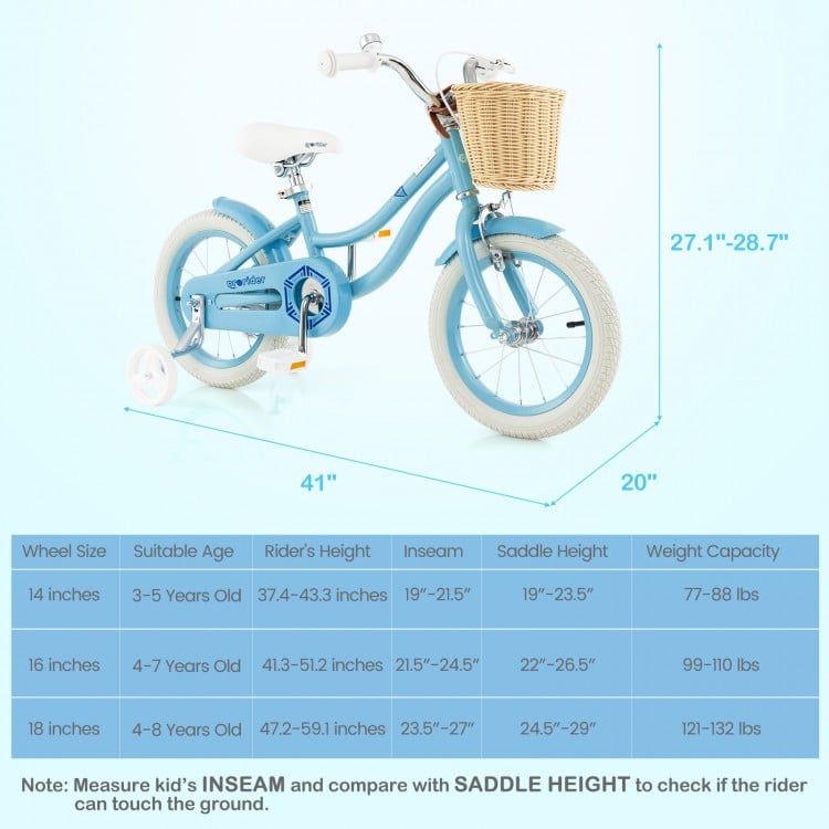 14-inch kids bike in blue with training wheels, adjustable seat, and front basket for fun and storage. Ideal for young.