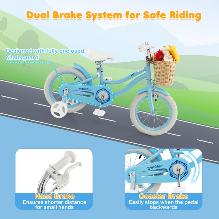 14-inch blue kids bike with training wheels, adjustable seat, hand brake, and front basket for dolls and snacks.