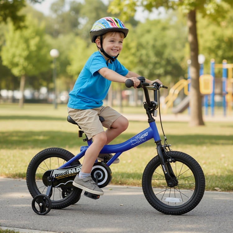 14-inch navy kids bike with removable training wheels, adjustable seat, and handbrakes for safe riding in the park.