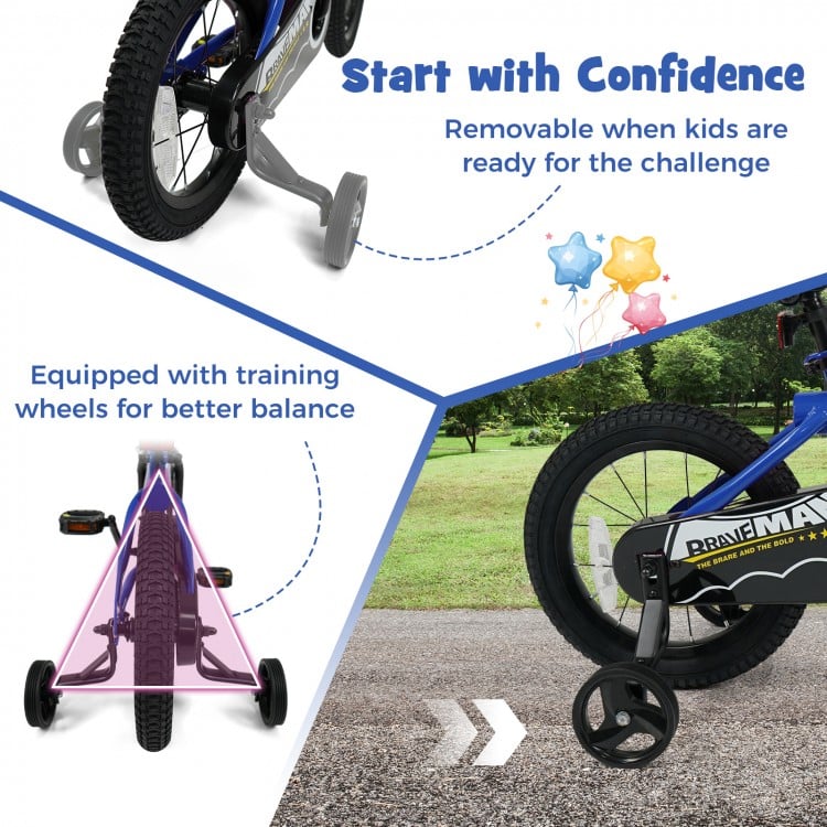 14-inch navy kids bike featuring removable training wheels and adjustable seat for comfortable riding and better.