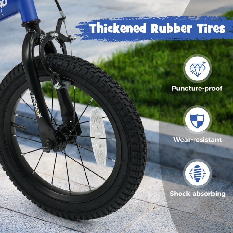Thickened rubber tire of the 14-inch kids bike, designed for durability and shock absorption on various terrains.