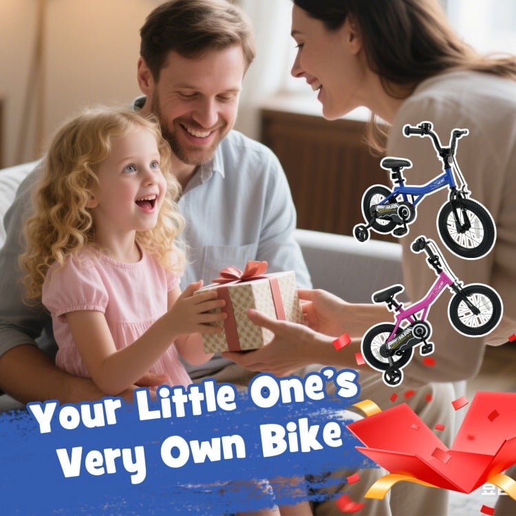 14-inch navy kids bike with removable training wheels, adjustable seat, and soft-padded saddle for comfortable riding.