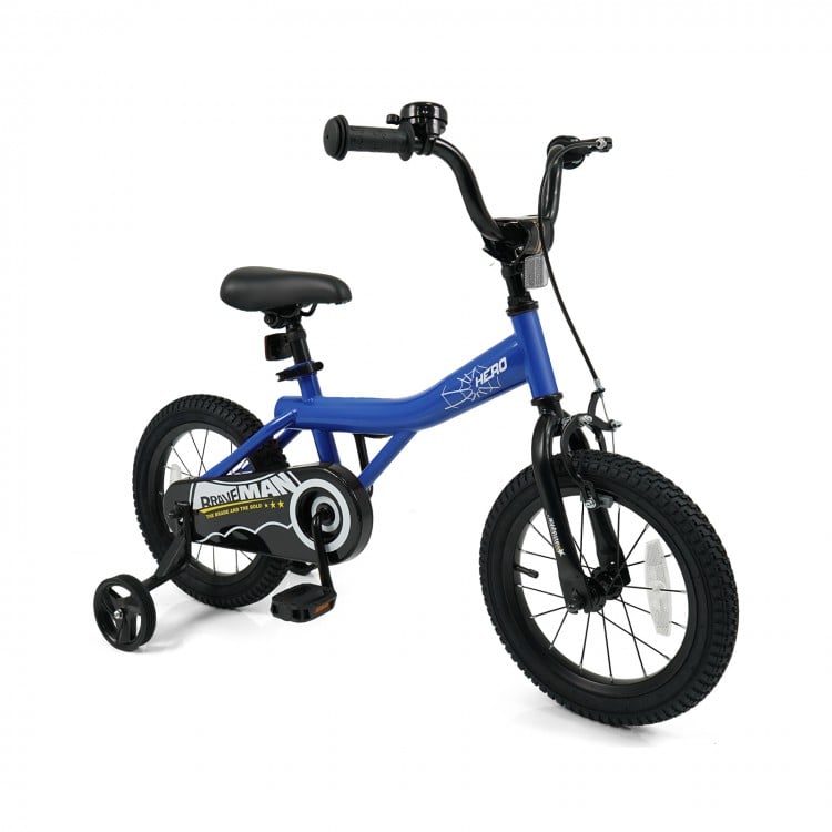 14-inch navy kids bike with removable training wheels, adjustable seat, handbrakes, and enclosed chain guard for safety.