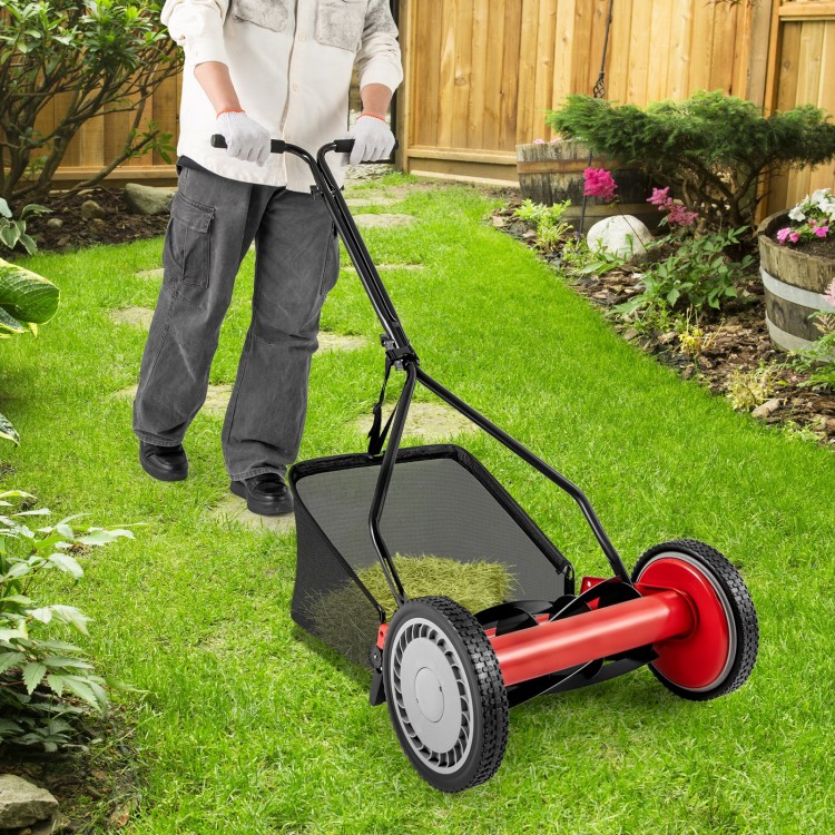 14-inch push lawn mower with 5 steel blades and grass catcher bag, ideal for efficient grass cutting and easy storage.