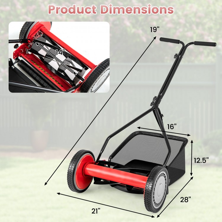 14-inch push lawn mower dimensions showing 5 steel blades, grass catcher bag, and ergonomic handle for efficient.