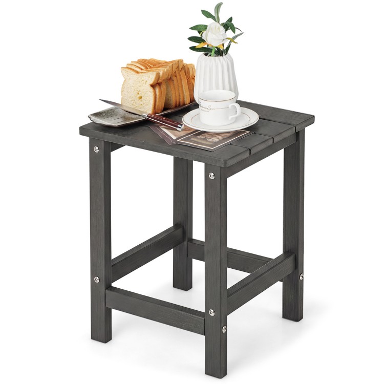 Gray 14-inch square weather-resistant Adirondack side table showcases a simple design, ideal for both indoor and outdoor use.