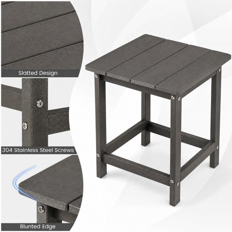 Gray 14-inch square Adirondack side table features a slatted design, weather-resistant HDPE material, and blunted edges for safety.