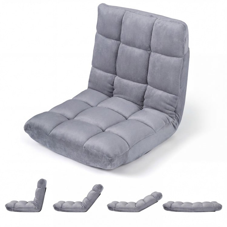 Adjustable light gray cushioned floor chair with 14 positions, perfect for gaming, reading, or extra seating.