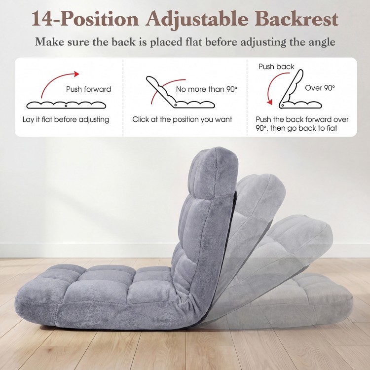 Light gray cushioned floor chair with 14 adjustable positions, ideal for reading or gaming in any room.