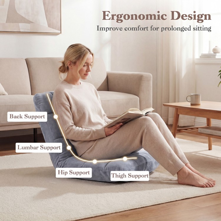 Adjustable cushioned floor chair in light gray, featuring ergonomic back, lumbar, hip, and thigh support for comfort.