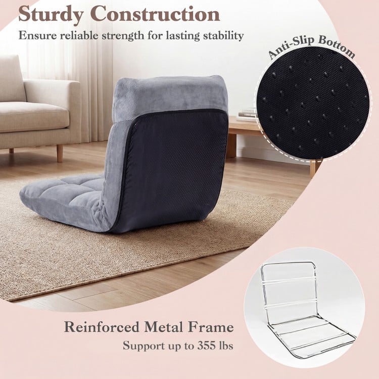 Light gray adjustable cushioned floor chair with a reinforced metal frame, supports up to 355 lbs, ideal for versatile.