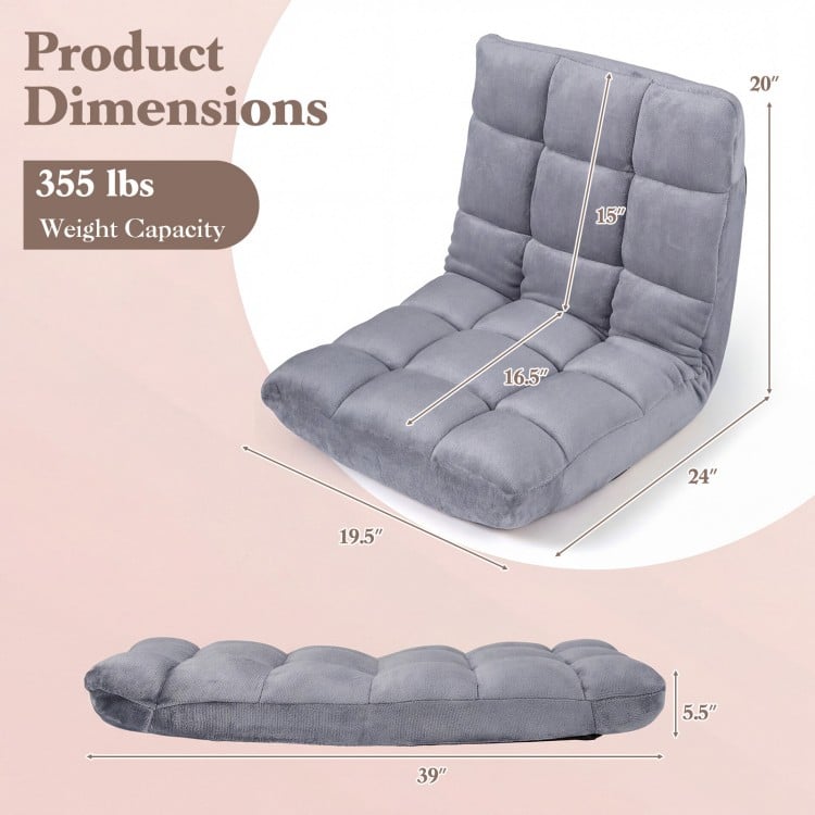 Cushioned floor chair in light gray with 14 adjustable positions, ideal for reading or gaming, supports up to 355 lbs.