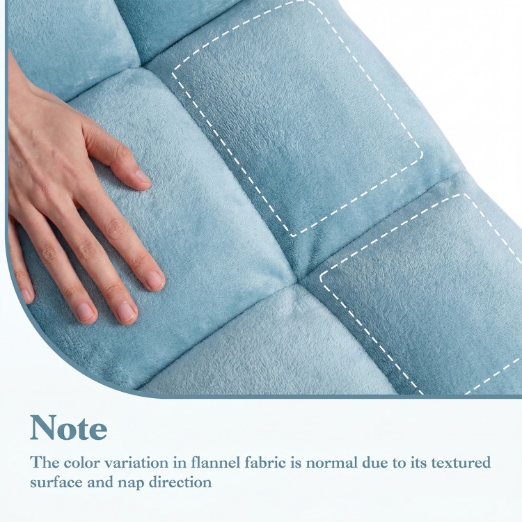 Close-up of the soft blue flannel fabric of the 14-position adjustable cushioned floor chair, highlighting its texture.