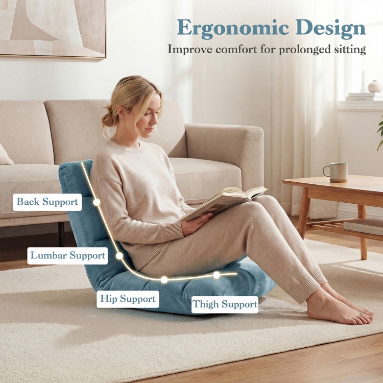 Adjustable cushioned floor chair in green, featuring ergonomic back, lumbar, hip, and thigh support for comfortable.